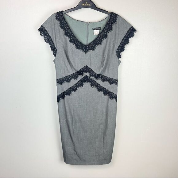 VENUS Dresses & Skirts - Venus Gray Sheath Dress with Black Lace Detail Size 8